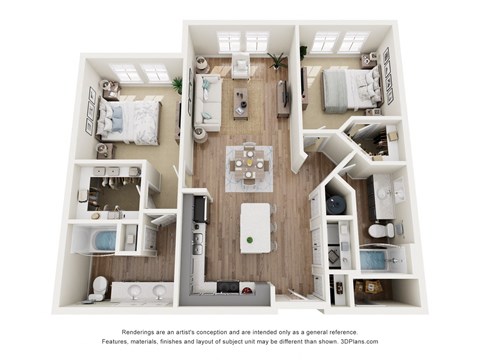 Floor plan for 2 beds, 2 baths, 1123 sqft